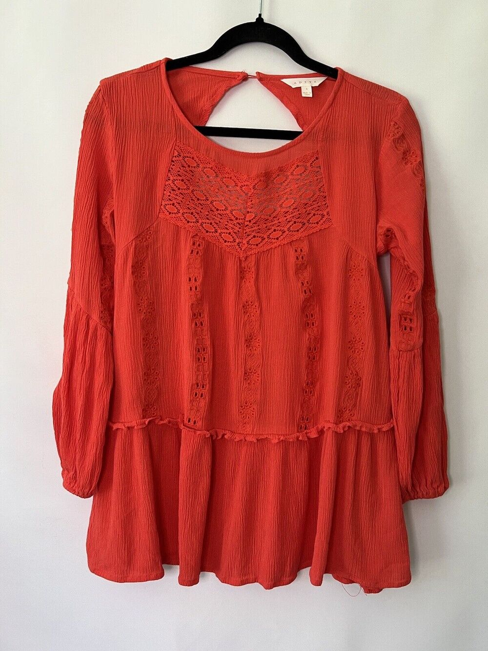 Adiva Top Womens Small Red Peasant Tunic Long Sleeve Lace Details Round Neck